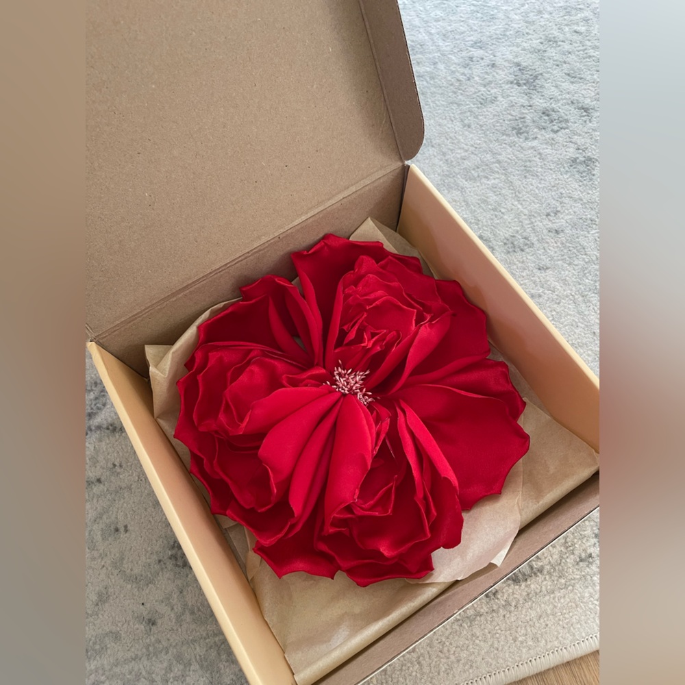 Giant Red Peony Brooch 10” Organza Rose Statement Flower Pin